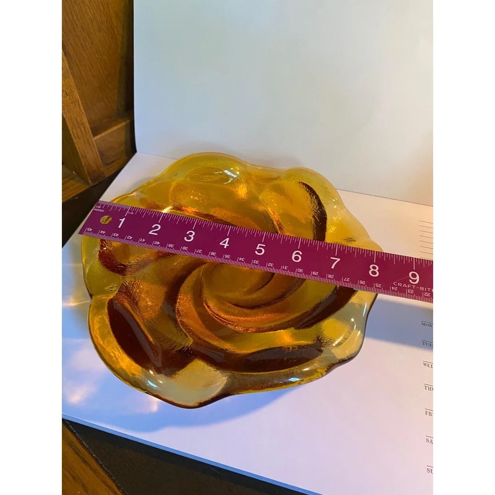 Vintage Amber Heavy Glass Bowl Dish MCM Home Decor Swirl‎ Petal Excellent